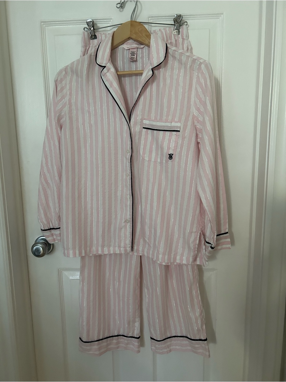 Victoria's Secret Classic Pink & White Striped Pyjama Set with Black Trim XS